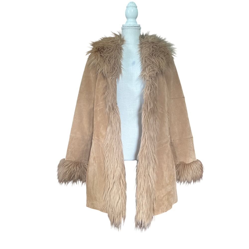 Vintage Suede Leather Penny Lane Faux Fur Trim Coat XL